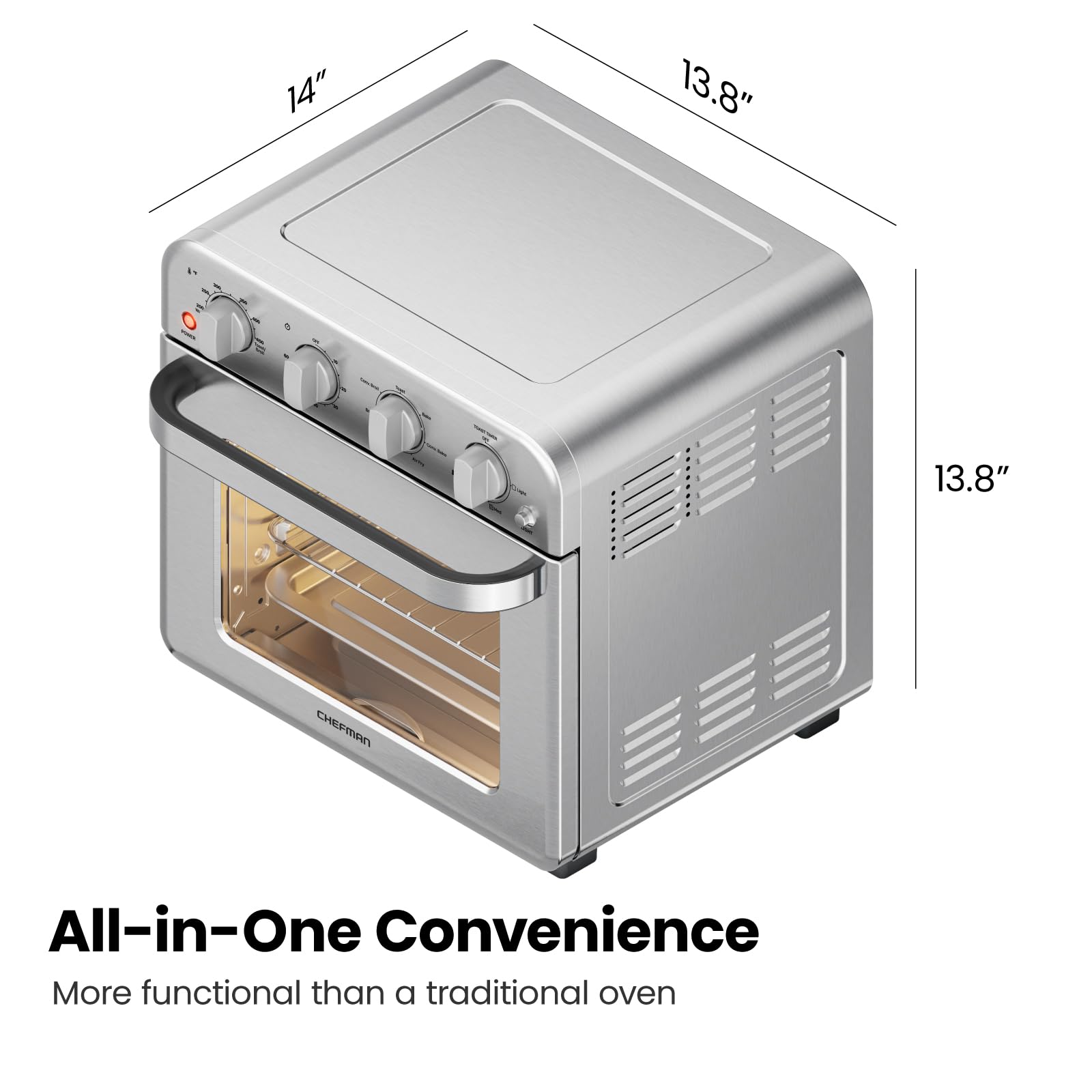Chefman Combo de horno tostador de freidora de aire, 7 en 1, horno de convección extra grande de 18 L, cocinar una pizza de 10 pulgadas, temporizador integrado, apagado automático, acero inoxidable