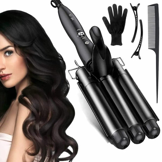 Rizador de Pelo, Ondas Cerámica con Temperatura Ajustable, Triple Tubo Rizador de Cabello de 25mm, se Calienta Rápidamente para Mujer Cabello Largo/Corto y Viajero Regalo-Negro