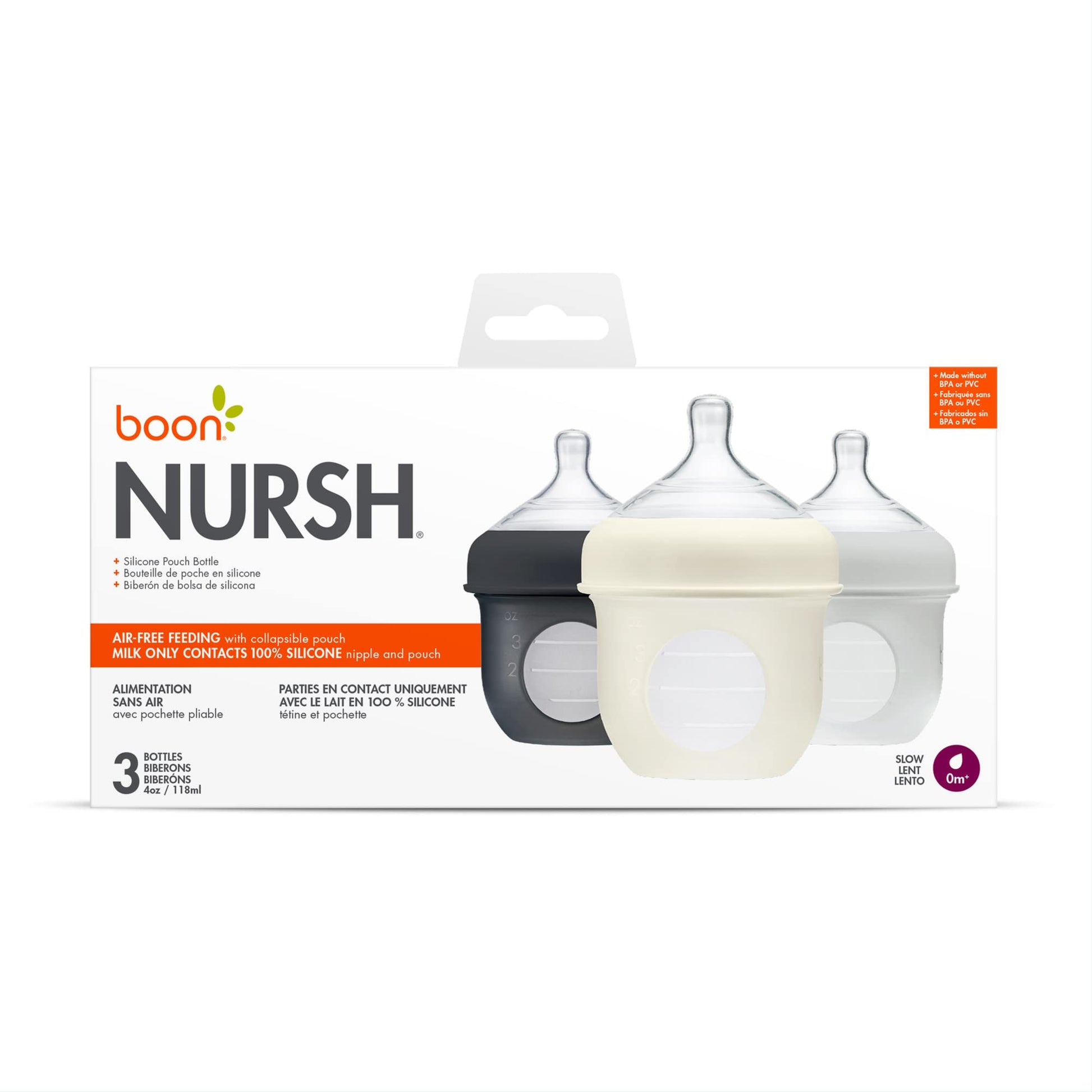Boon Nursh - Bolsa de silicona reutilizable para biberones – Pezón de flujo lento – Bolsa de silicona para biberones y pezones – Esenciales de alimentación del bebé – Gris – 0-3 meses – 3 unidades – 4
