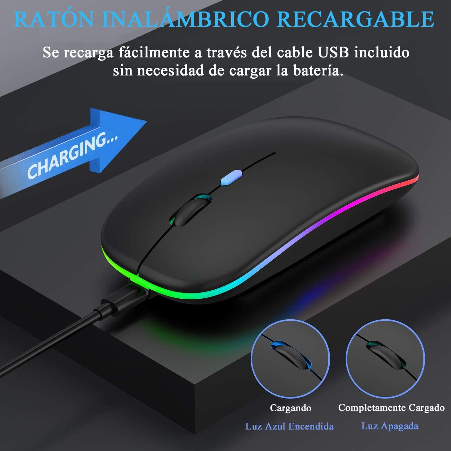 LED Mouse Inalámbrico Recargable, Fotgear Ratón Wireless 2.4G Ergonómico Wireless Ratón óptico Silencioso Click, con Receptor USB Adaptador, Ideal para Ordenadores Portátiles, Dispositivo Inteligentes