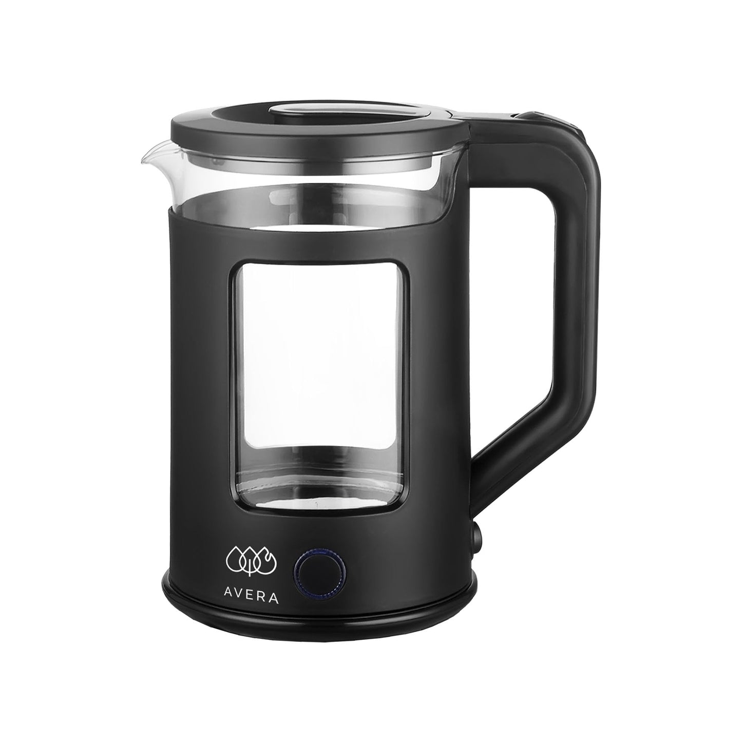 AVERA Tetera Electrica de Vidrio 1.8 Litros 1000W Potencia, Hervidor de Agua Inalambrico, Libre de BPA, Apagado Automatico, Interior Inoxidable, Iluminacion LED, Color Negro