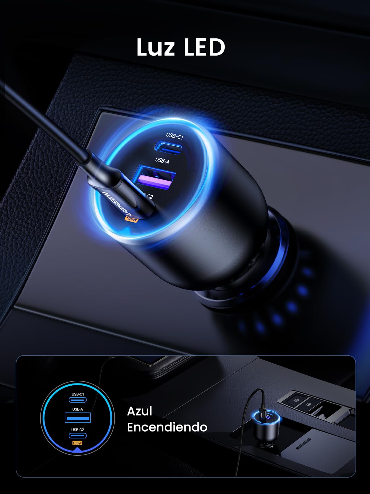 UGREEN 130W Cargador de Coche USB C Carga Rápida, Adaptador para Auto Tipo C para Encendedor de Cigarrillos Compatible con iPhone 16 15 14 13, Galaxy S25 S24 S23 Ultra, Xiaomi, MacBook, iPad Pro Air