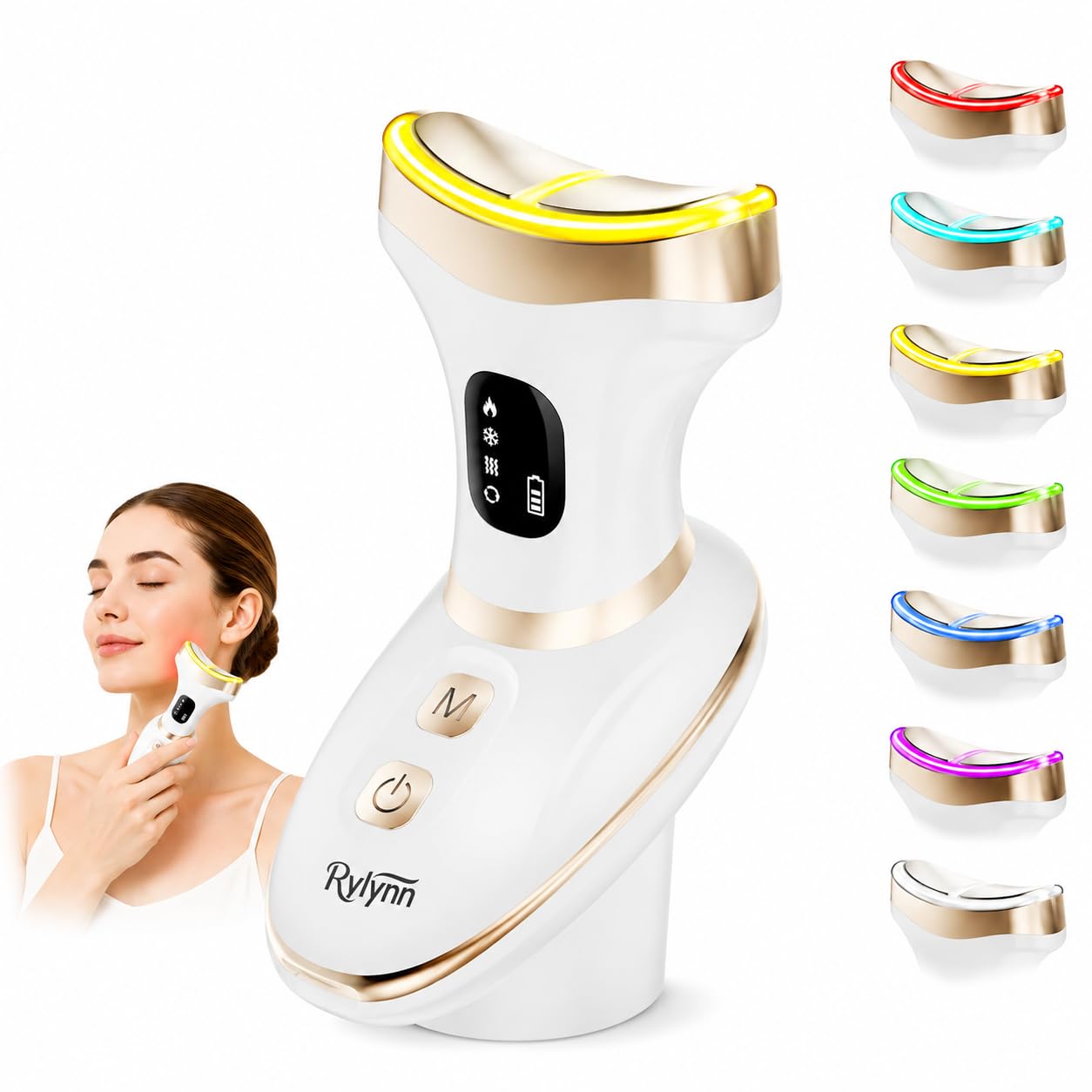 Rylynn Masajeador facial y corporal de frío y calor, herramienta de escultura de curva ancha para desinflamar el rostro y reafirmar el cuello y el pecho, con 7 modos de vibración táctil inteligente y