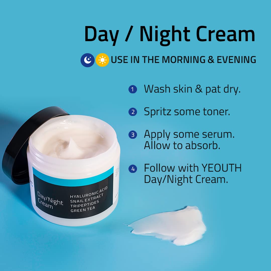 Crema hidratante facial de día YEOUTH con extracto de caracol, ácido hialurónico, té verde y péptidos, crema antiedad contra el envejecimiento o crema hidratante para la piel seca Hecho en EE.UU (1 ounce)