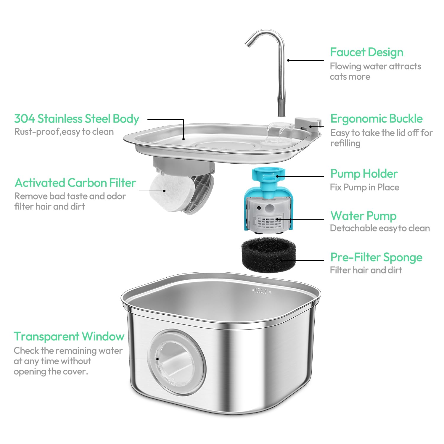 Fuente de Agua para Gatos Upetcasl Acero Inoxidable Flujo Ajustable Dispensador Automático 3.2 Litros