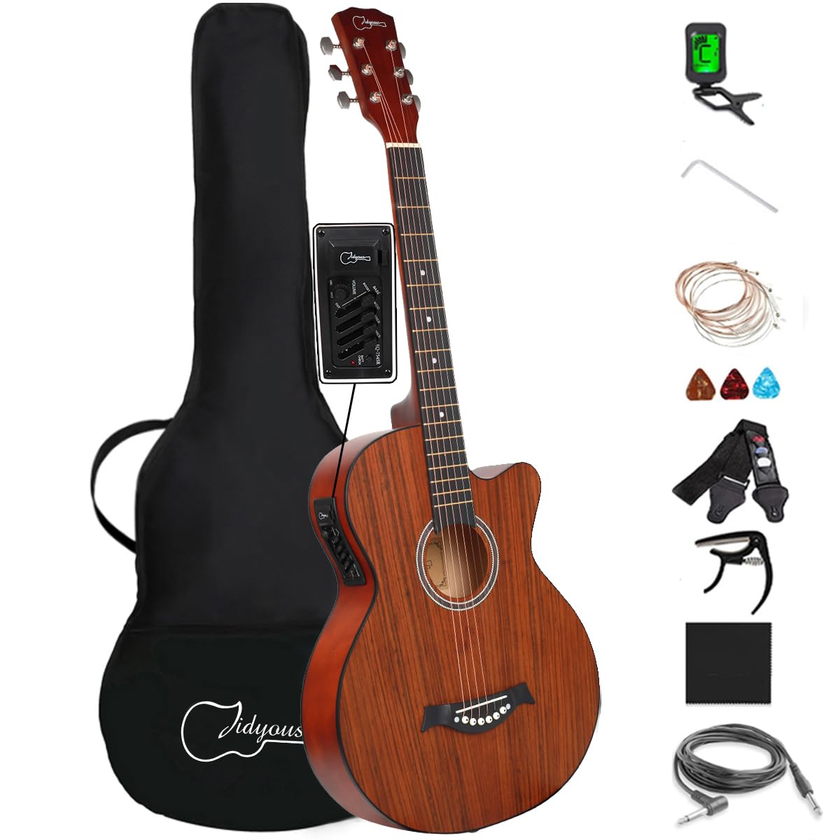 38 inch Electroacústica Guitarra Guitarra acustica con Afinadores,Correas,Cuerdas para Instrumentos,Plumillas,Cable amplificador guitarra,soul,Fundas para Guitarras 3/4(Brown)