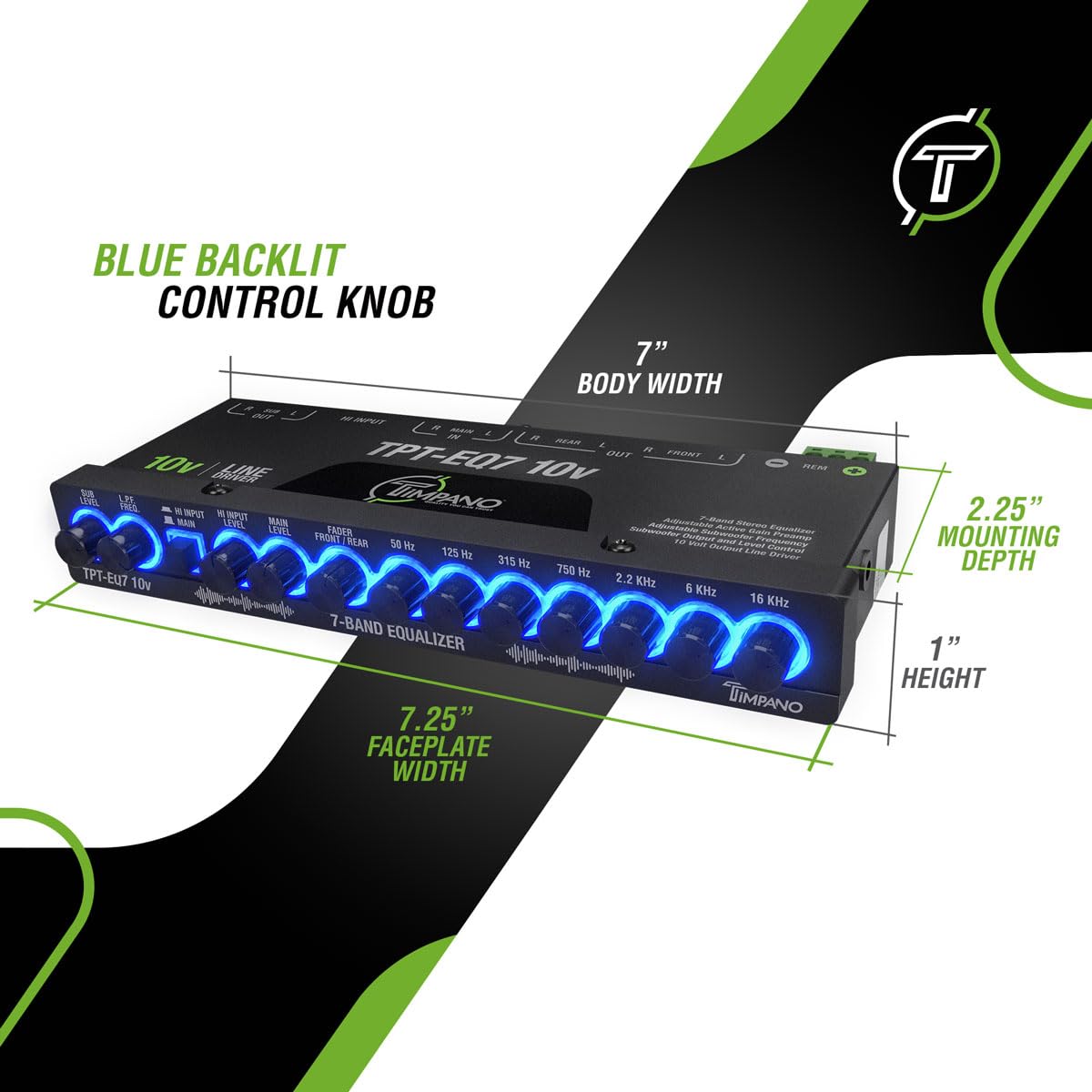 Timpano - Ecualizador de 7 bandas TPT-EQ7 driver de línea de alto voltaje de 10 V Salida RCA de 6 canales y control de subwoofer y cruce 1/2 Din Gráfico de audio para coche Eq con entrada de alto