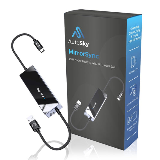Adaptador Inalámbrico CarPlay AutoSky Mirror Sync AMS-1 USB-A USB-C Plug & Play para Smartphone