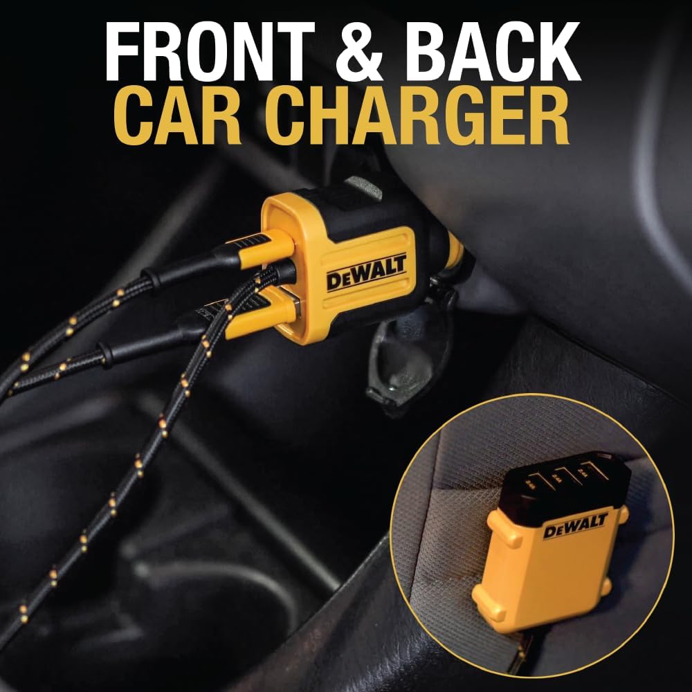 DEWALT 72W USB C Cargador de Coche de 5 Puertos, iPhone 15 USB Cargador de Coche de Carga rápida, PD & QC3.0 Encendedor de Cigarrillos del Coche Cargador USB de Varios Puertos con Cable de 6Ft