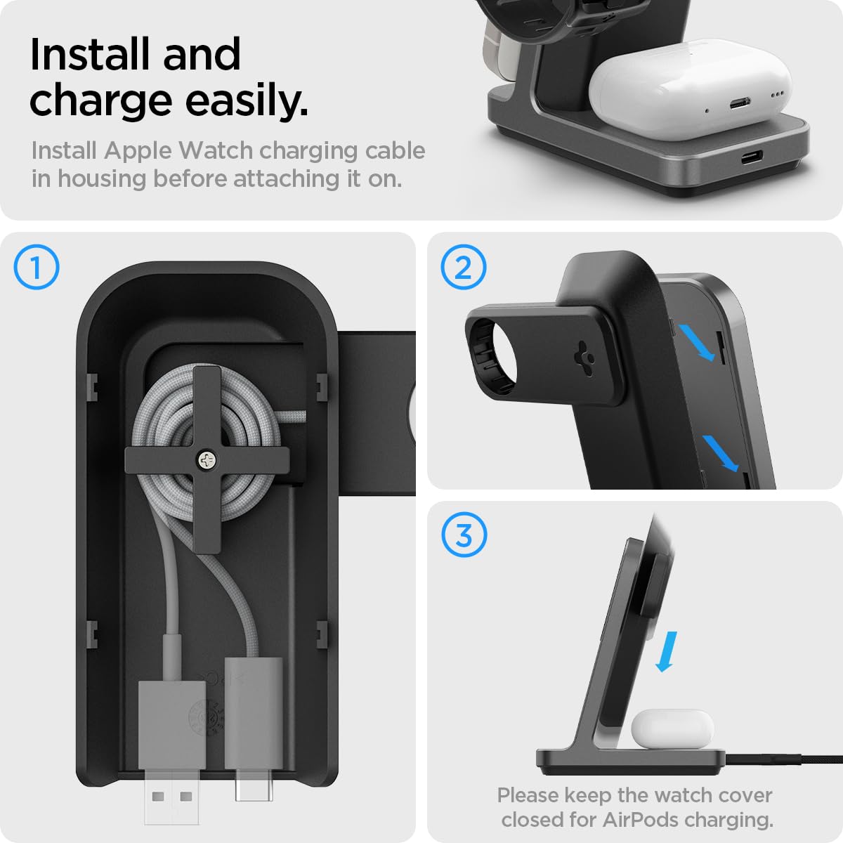 Soporte de Carga Inalámbrico Spigen OneTap Pro Blanco 3 en 1 MagFit 15W para iPhone y Apple Watch