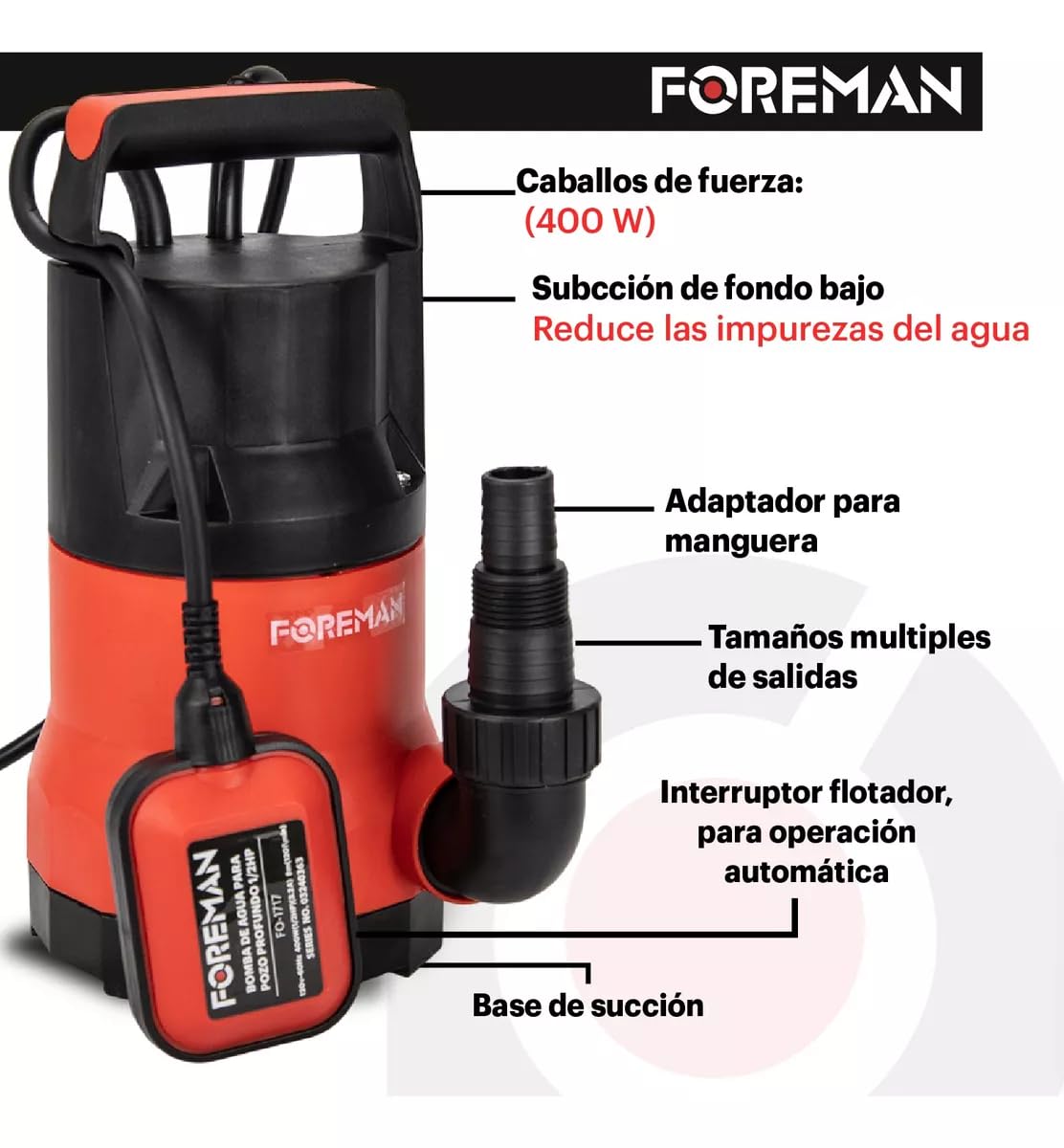 Foreman Bomba Sumergible Plástica | Bomba de Agua Limpia Silencioso Para Fuentes, Pecera, Acuario, Jardín y Estanque | 1/2Hp 400w 120v | 120 Litros Per Minute | Negro/Rojo