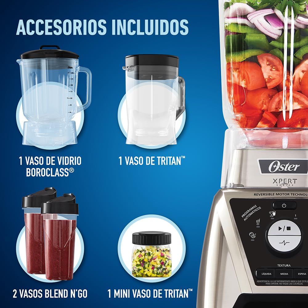 Licuadora Oster Xpert Series Azul con Control de Textura y Accesorios 2 Litros 3 Programas de Velocidad
