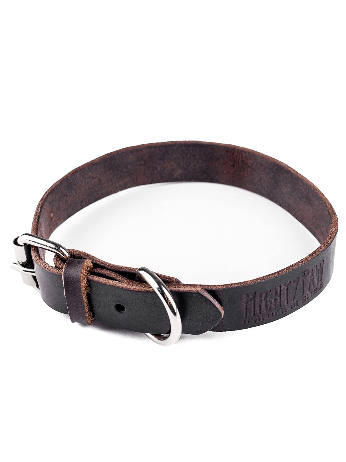 Mighty Paw- Collar de cuero para perro | Piel auténtica desgastada y una hebilla de metal fuerte. Súper suave para máxima comodidad. Aspecto de diseñador moderno para mascotas pequeñas, medianas, grandes y XL (marrón)