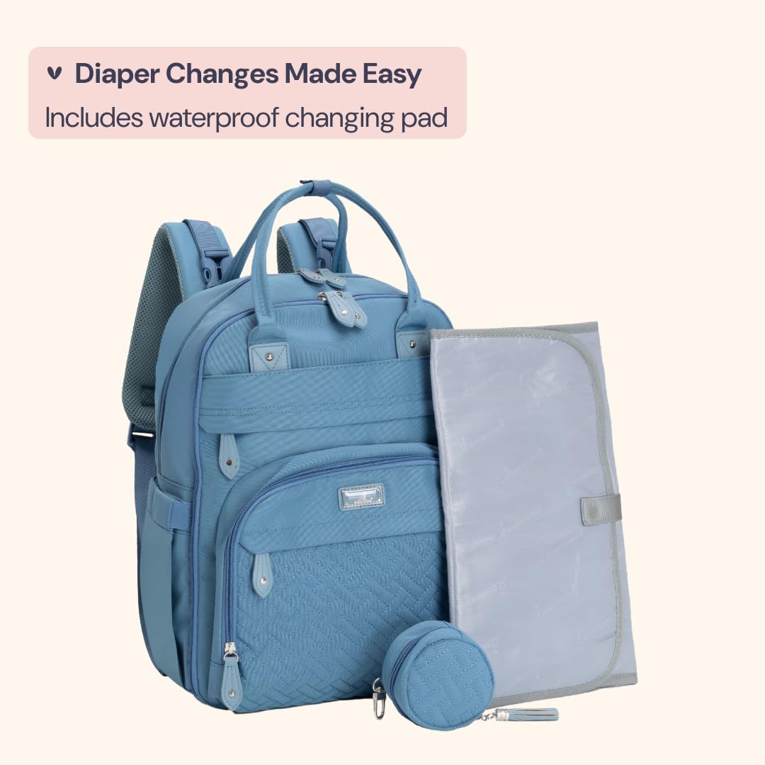 BabbleRoo Mochila para pañales, bolso esencial de viaje para bebé, impermeable, multifunción, con cambiador, correas para cochecito y estuche para chupetes, unisex, azul claro