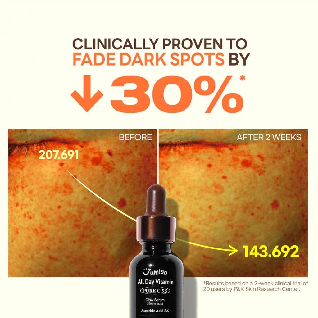 Jumiso All Day Vitamin Pure C 5.5 Glow Serum | Ácido L-ascórbico, ácido ferúlico, tocoferol, alfa arbutina, suero de vitamina C pura para manchas oscuras, opacidad, líneas finas, sin fragancia, sin parabenos, 1.01 fl oz, 1.0 fl oz