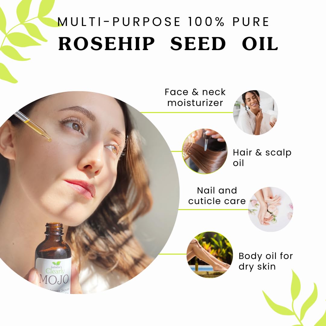 Clearly MOJO de Isabella: Aceite de Rosa Mosqueta Orgánico 100% Puro, Prensado en Frío, Sin Hexano | Hidratante Natural para Rostro, Cabello, Uñas y Cutículas | En Frasco de Vidrio - 60ml