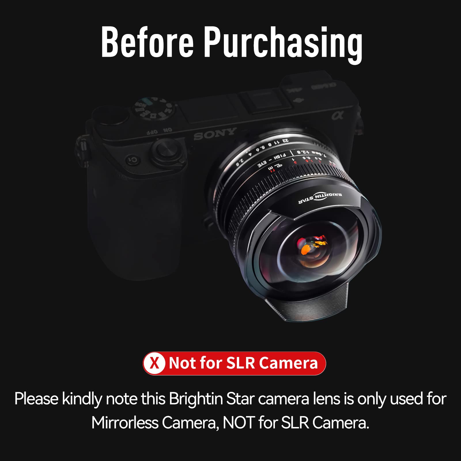 Brightin Star - Lente de ojo de pez ultra gran angular F2.8 III de 7,5 mm para cámaras Sony E-Mount Mirrorless Mirrorless de Sony Focus Prime APS-C compatible con ZV-E10, A7IV, A6400, A7SIII, A7III