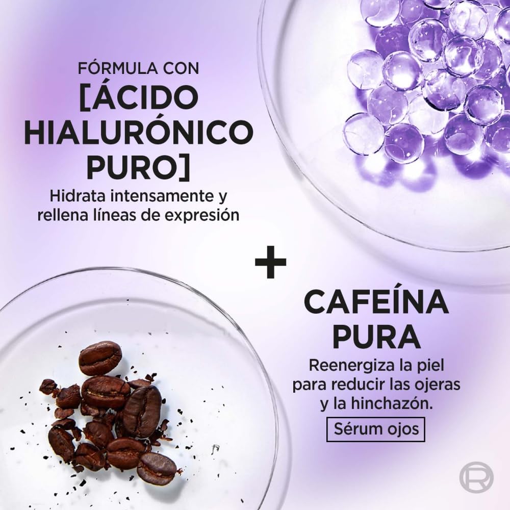 L'Oréal Paris Kit Ácido Hialurónico: Sérum Rostro + Sérum Ojos, 2 piezas. Hidrata intensamente y rellena líneas de expresión