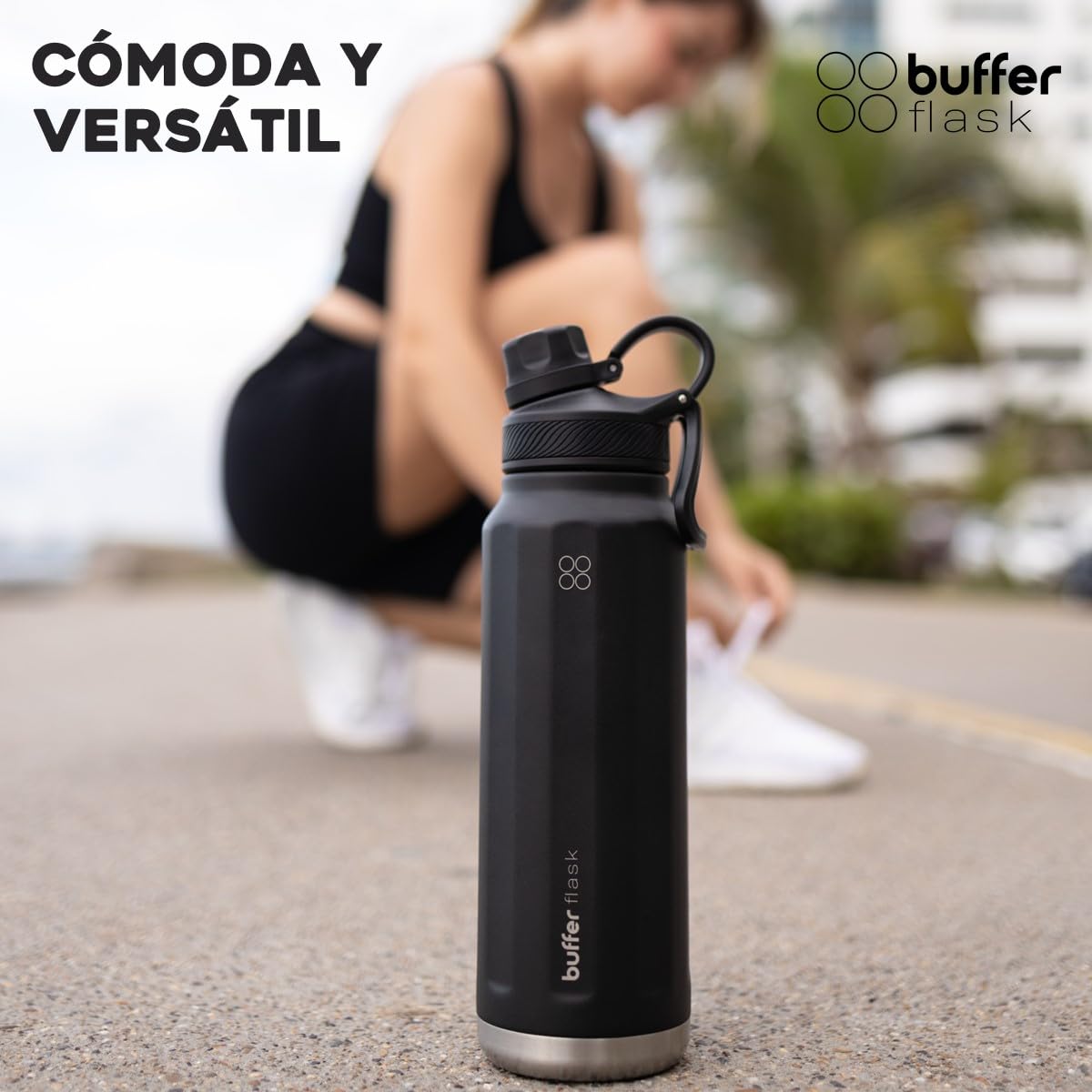 BUFFER FLASK - Termo de Acero Inoxidable | Botella Aislante para Bebidas, Agua Fría (24 horas) o Caliente (12 horas) | Antigoteo, Hermético| Incluye tapas | 1000 ml - 32 Oz| Color Black