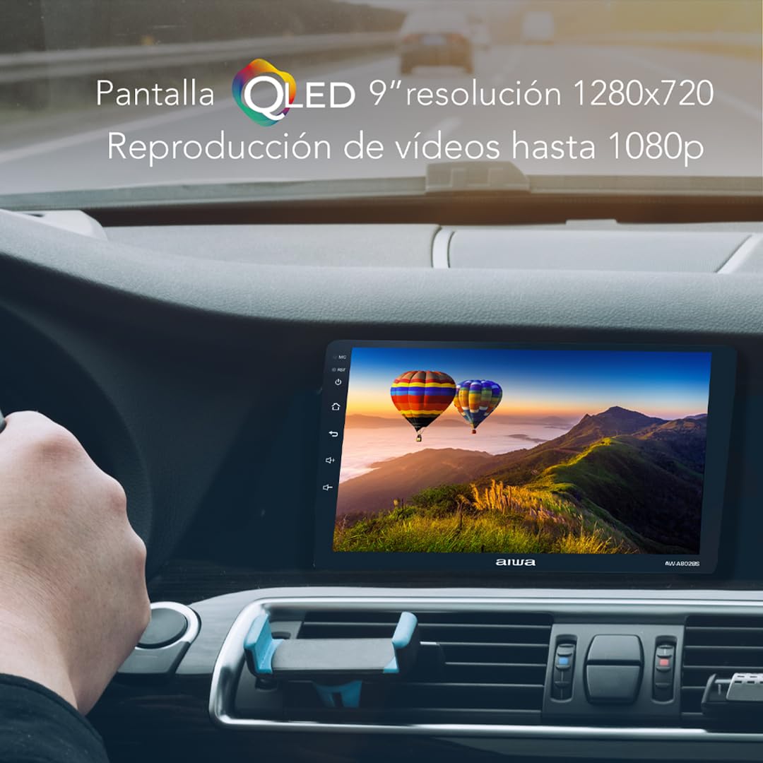 Aiwa Autoestéreo AW-A802BS Android 11 Pantalla QLED 9″ HD Bluetooth 4.2 WiFi GPS USB AUX RCA 4×50W 2GB RAM 32GB CarPlay Android Auto Cámara Reversa Negro