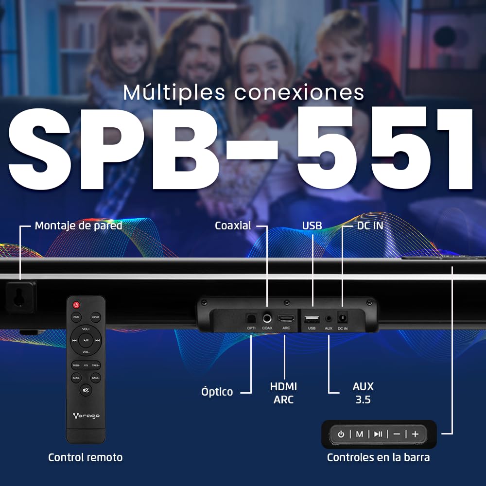 Barra de Sonido Vorago Inalámbrica con Subwoofer 4.1 Bluetooth HDMI ARC 110W Home Theater