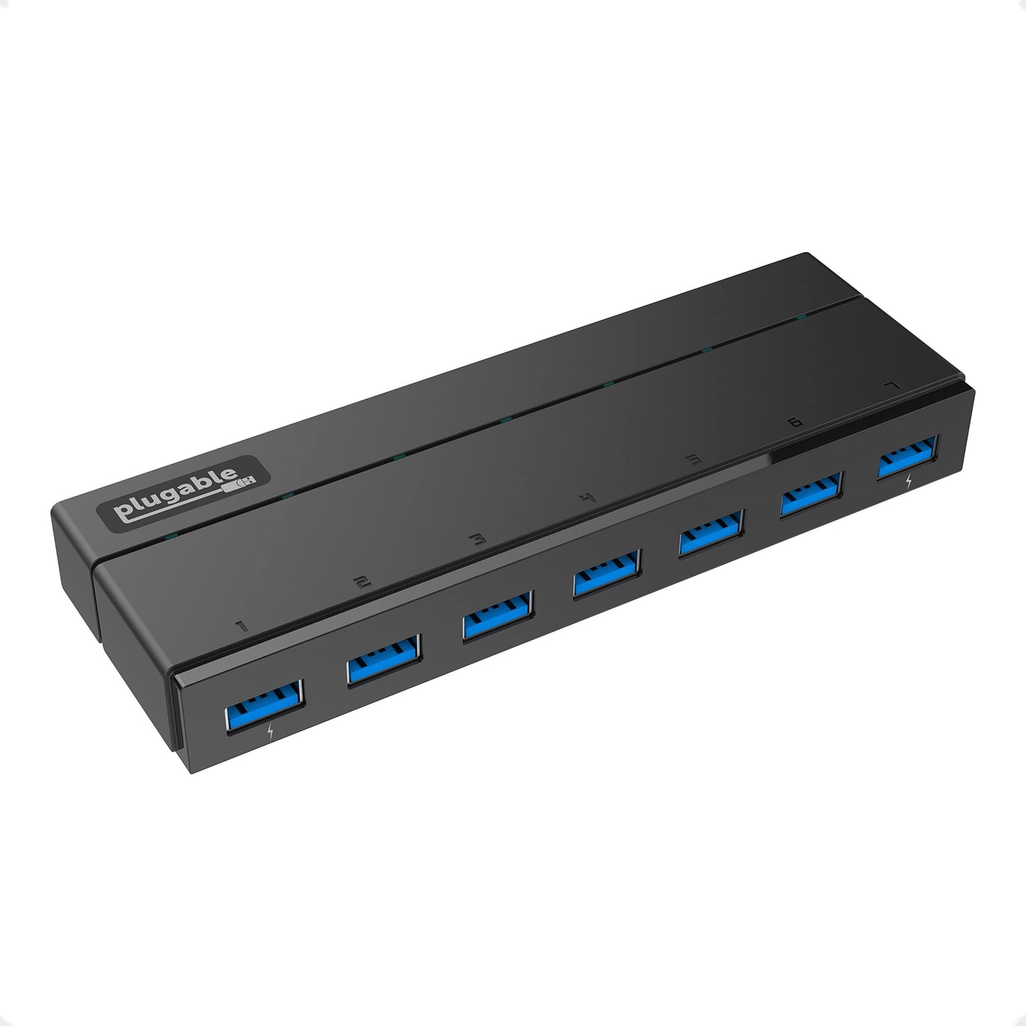 Plugable - Concentrador USB 3.0 de 7 Puertos con Adaptador de Corriente de 36 W (sin Controlador): conecte Dispositivos sin Esfuerzo y transfiera Datos a Alta Velocidad