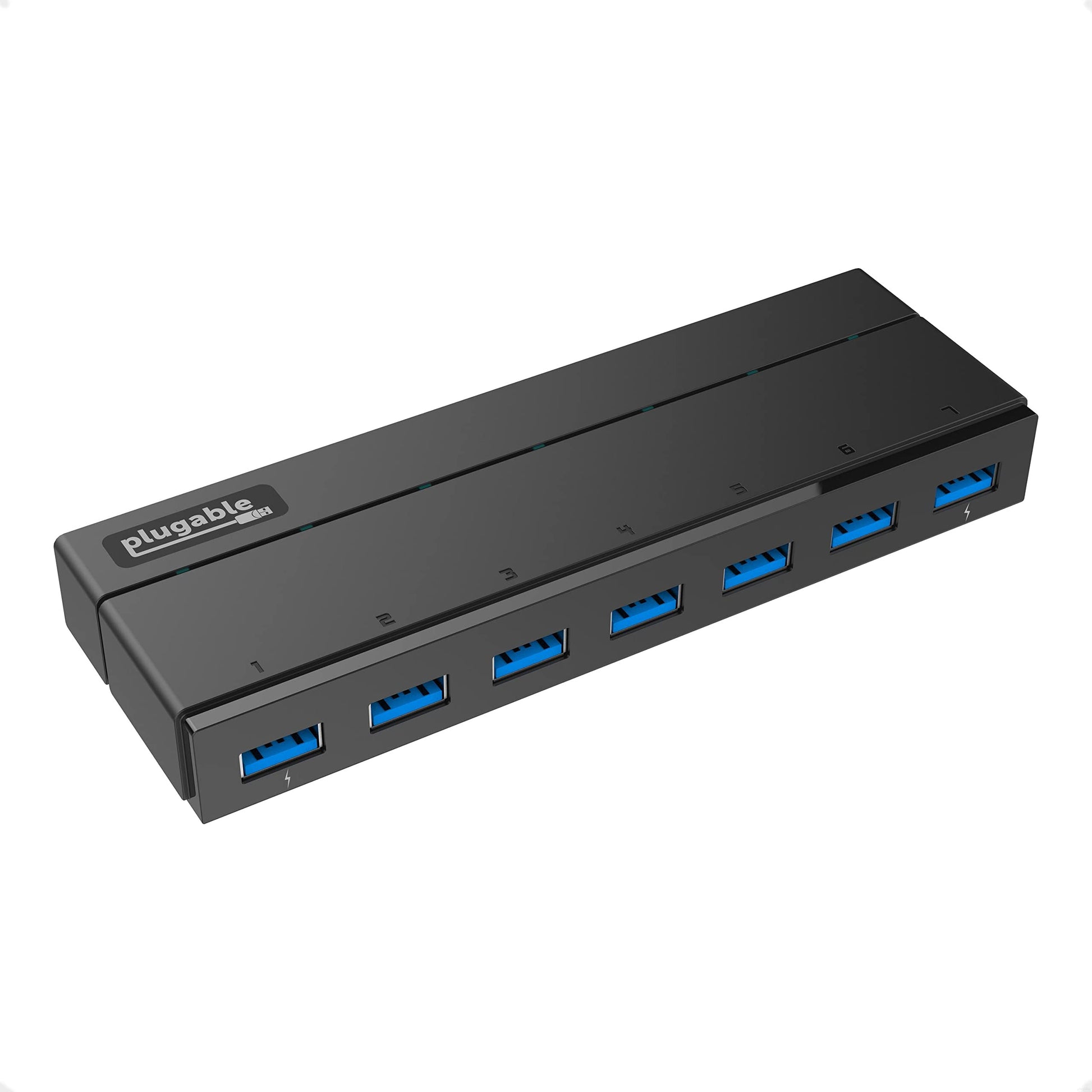 Plugable - Concentrador USB 3.0 de 7 Puertos con Adaptador de Corriente de 36 W (sin Controlador): conecte Dispositivos sin Esfuerzo y transfiera Datos a Alta Velocidad