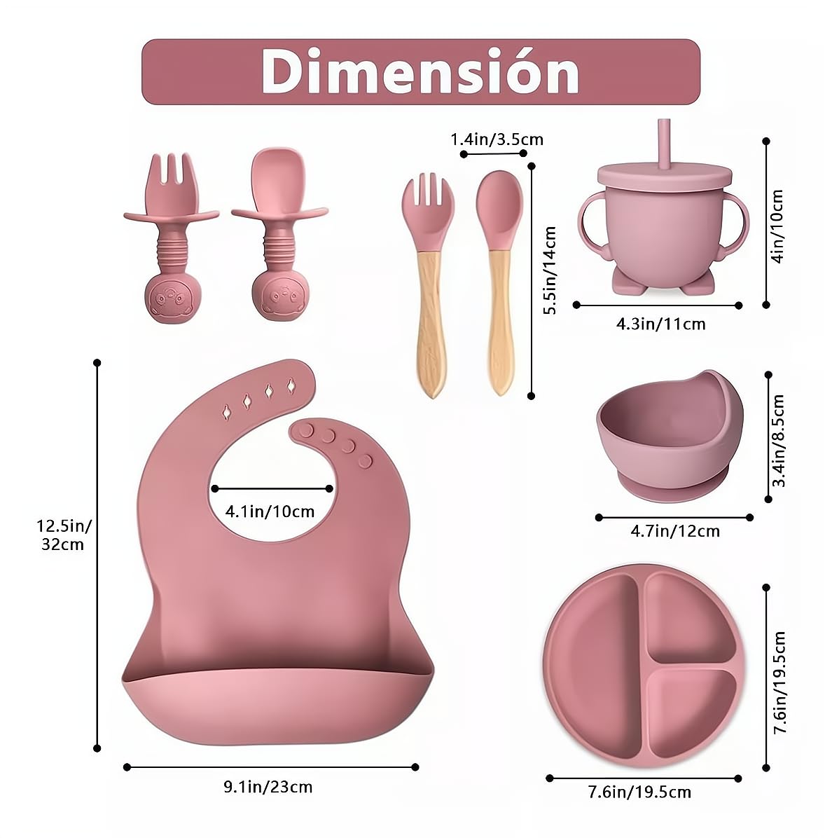 Set de Platos y Cubiertos Babe Rosa con Ventosas para Bebé