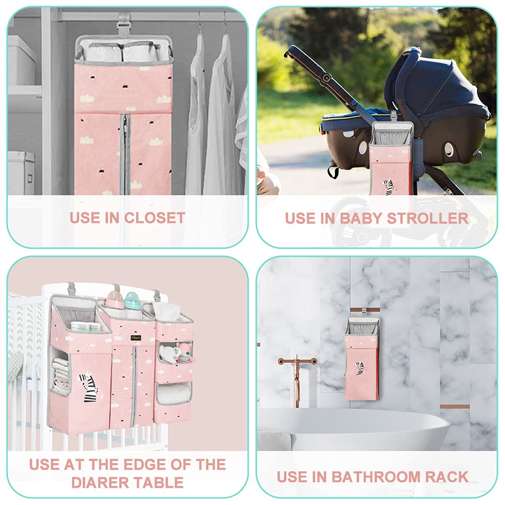 TOCKONIMN Organizador de pañales colgante para cuna de bebé, apilador de pañales 3 en 1 para cambiador, organización de guardería, soporte de almacenamiento para artículos esenciales para bebé, accesorio portátil de combinación de ropa (rosa)
