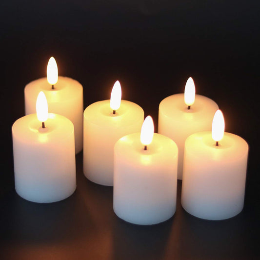 DRomance White Flameless Flickering Votive Candles Battery Operated with 6 Hour Timer Realistic 3D Wick Real Wax LED Small Pillar Candles Halloween Christmas Decoration(6 Pack, 2 x 3.2 Inches)