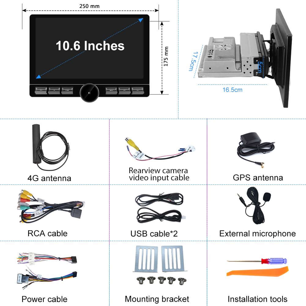 Radio de coche estéreo universal de 8 núcleos con visualización táctil giratoria 10.6, Android 13 [4 GB+64 GB]