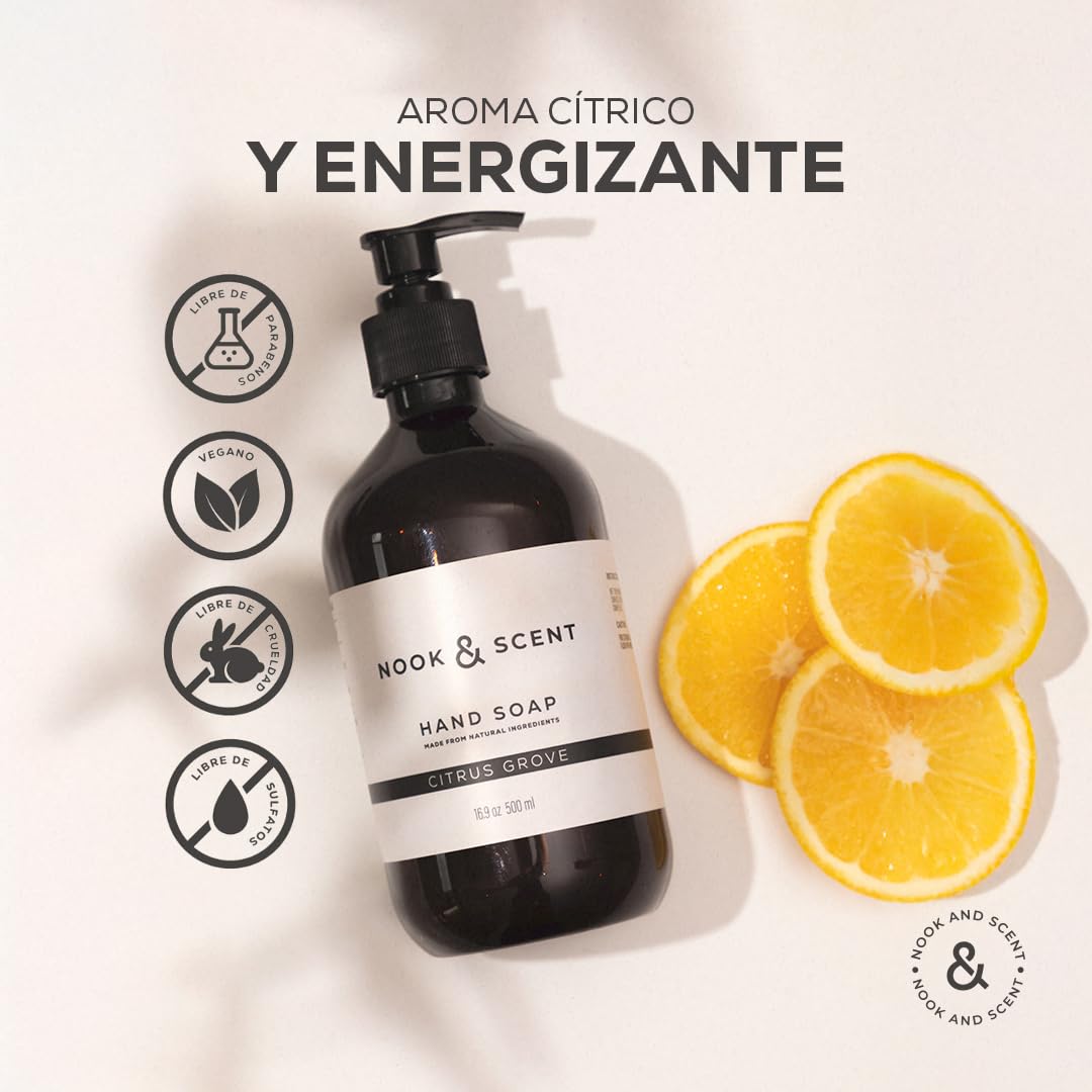 Jabón Líquido para Manos | 500 ml | Limpieza y Frescura | Libre de Sulfatos y Parabenos, Vegano, Aceites Esenciales, Aroma Energizante de Limón y Naranja | Nook & Scent (Citrico)