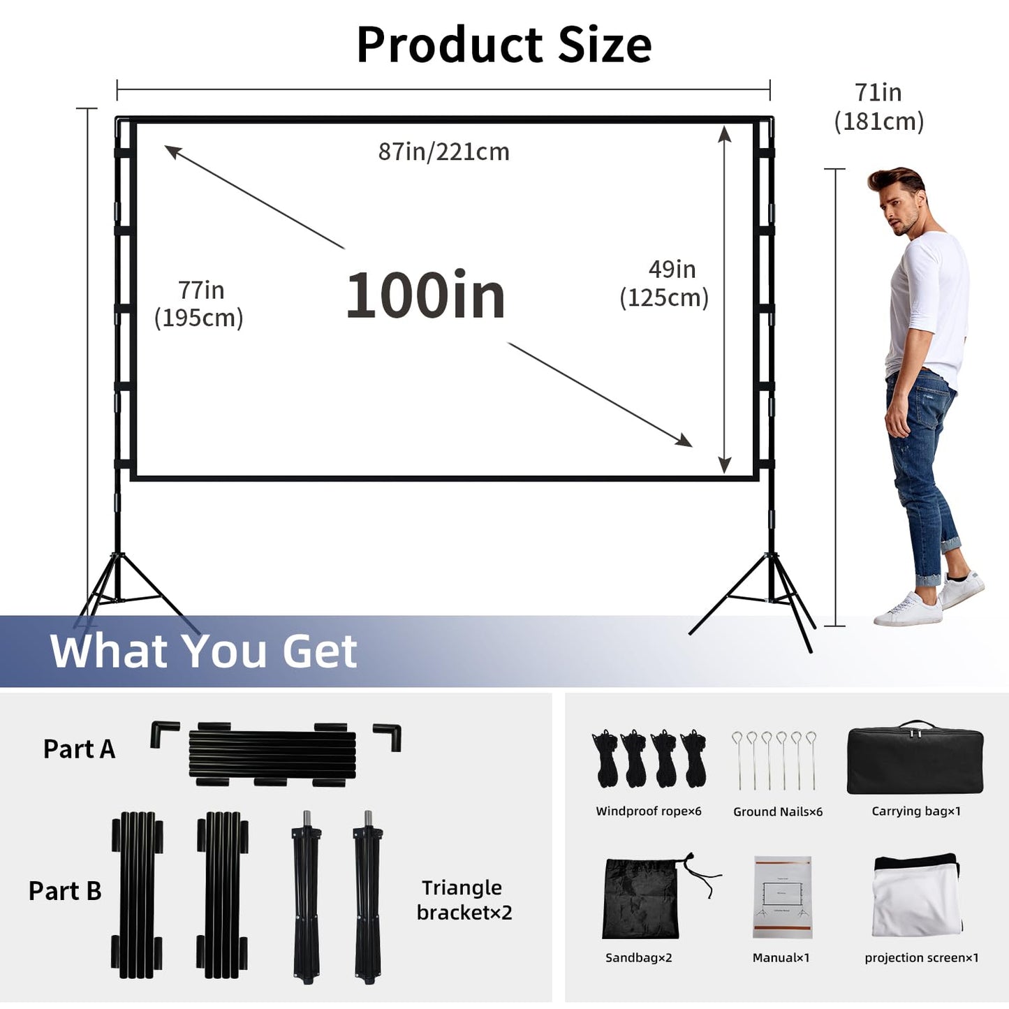 Wootfairy - visualización de proyección plegable y portátil de 100 pulgadas, visualización de proyección 16:9 4K HD, parte trasera frontal sin arrugas, con bolsa de transporte, para interiores y