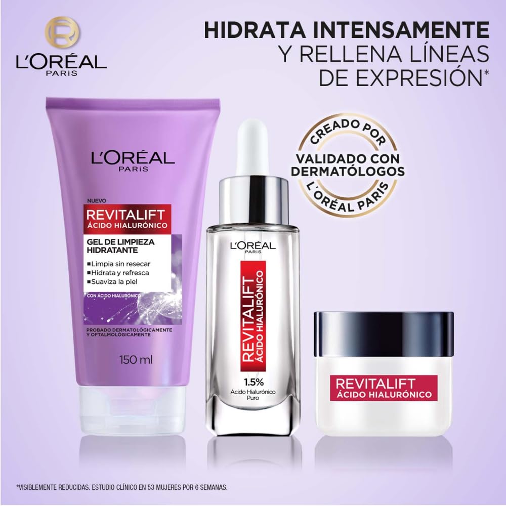 L'ORÉAL Paris Revitalift Ácido Hialurónico Kit (3 pzas) | Sérum, Gel Limpiador, Crema hidratante FPS20