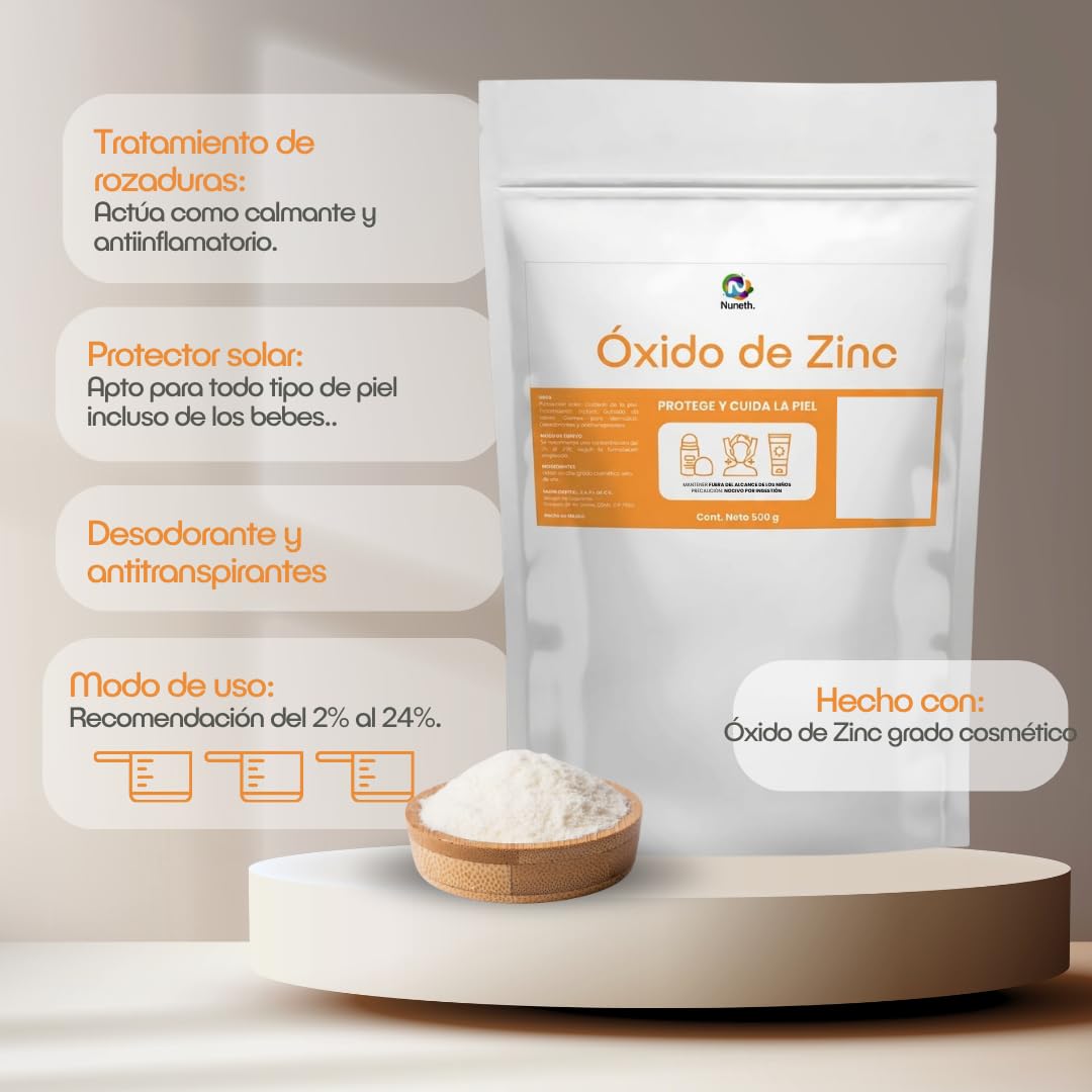 Nuneth- Óxido De Zinc 500 g | Sello De Oro Frances| Uso En Cremas, Protectores Solares Y Pomadas Caseras| Alta Pureza| Grado Cosmético.