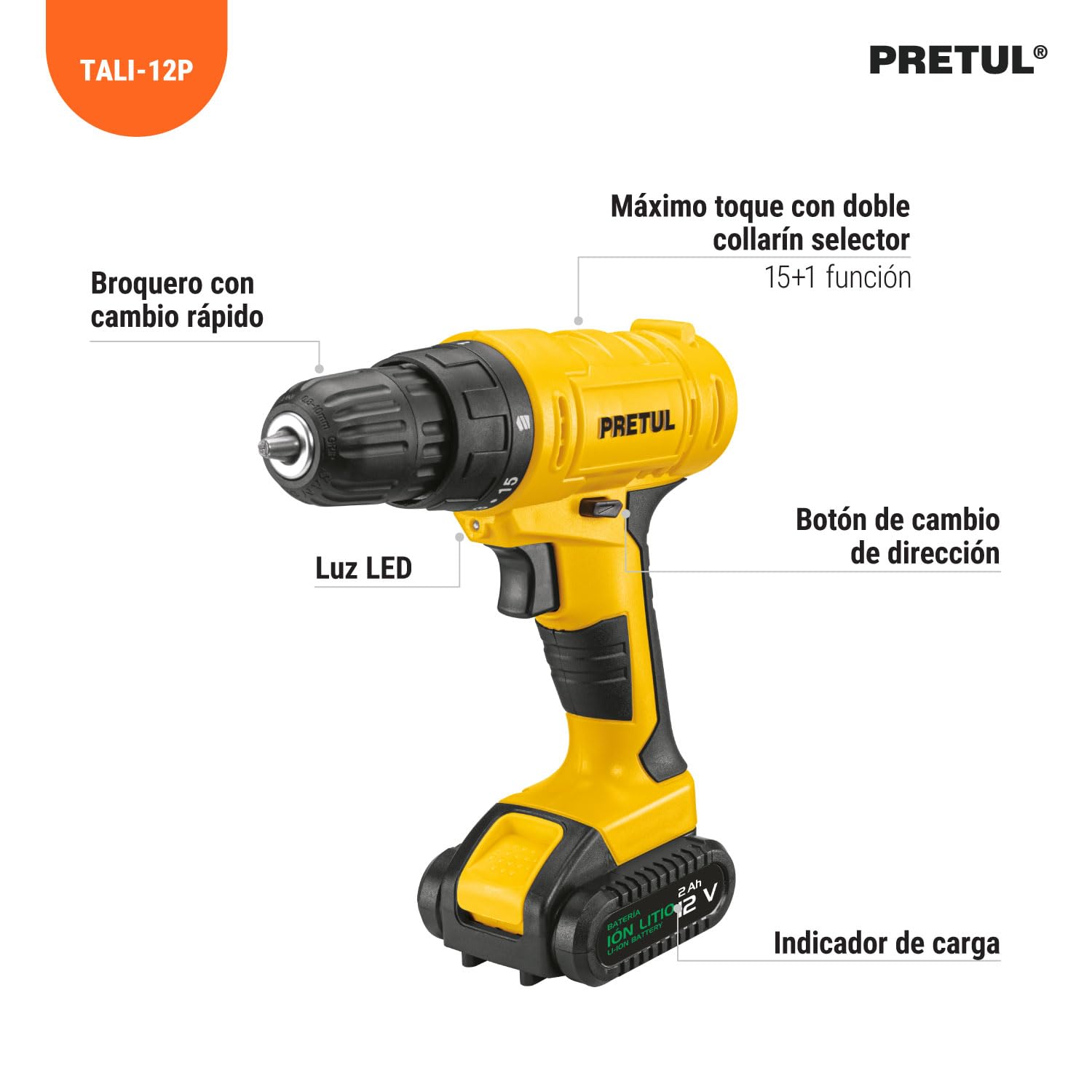 Pretul TALI-12P, Taladro de 12 V inalámbrico 3/8" con 1 batería de ion litio 2 Ah