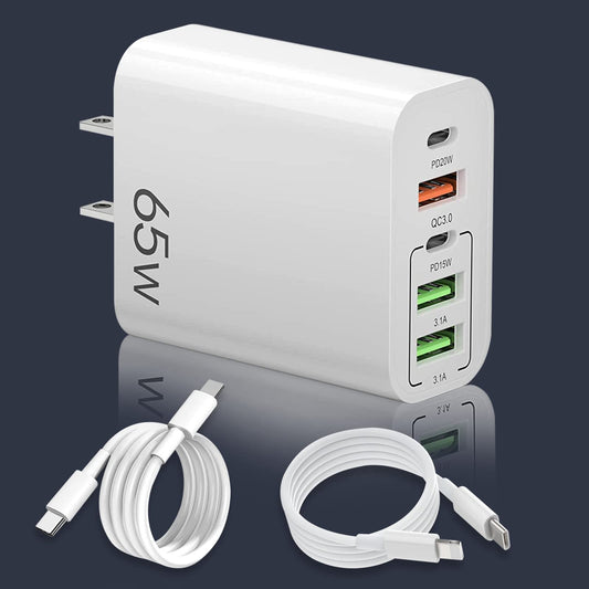 Eynshoo Cargador Tipo C con Cable 1.5m, 65W Cargador USB C PD20w+PD15w 5 en 2 Carga Rapida, Compatible con iPhone 14 13 12 11 Pro MAX iPhone Mini X XS XR 8 9 Plus iPad Pro Huawei (PD20w+PD15w)
