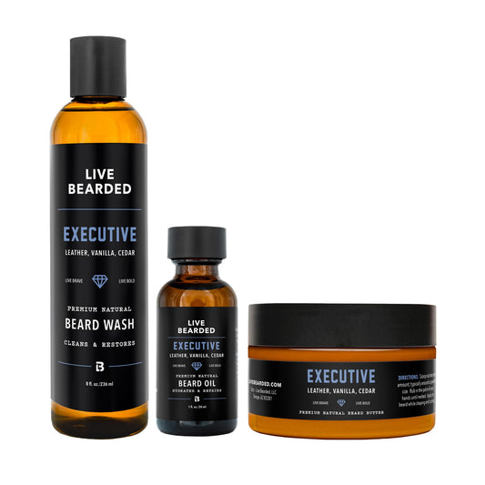 Beard Kit | Live Bearded Made in USA | Beard Bundle (Leather, Cedar, Vanilla - The Executive)