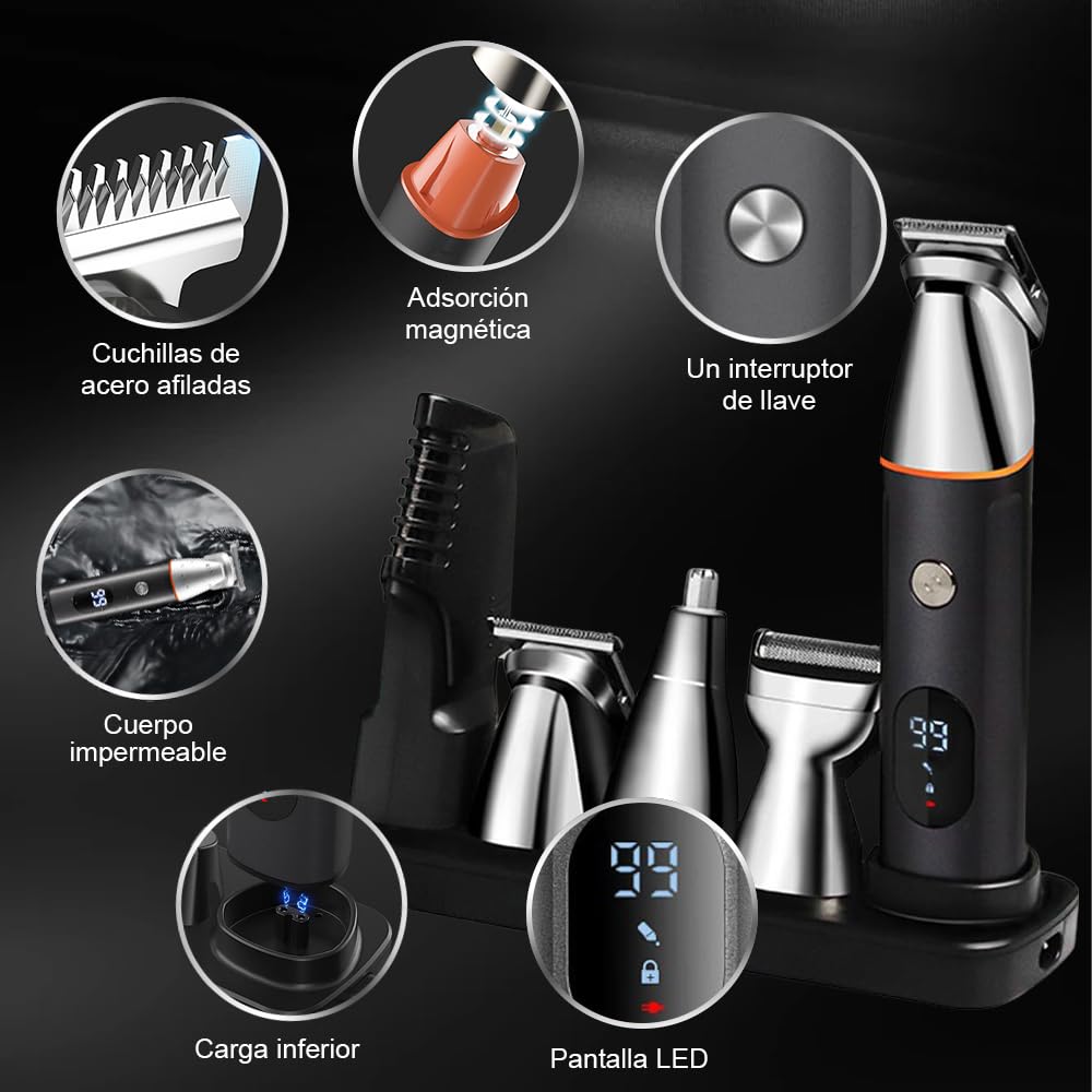 VOICEPTT Afeitadora Electrica y Barbero Eléctrico con Cabezal de Succión Magnético, 16 en 1 Kit de Rasurado para Hombre, Máquina para Cortar Cabello de Barba/Nariz/Pelo/Cara/Cuerpo, Carga Rápida USB y Base