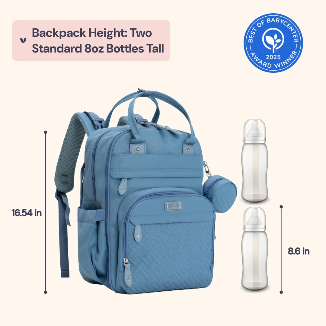 BabbleRoo Mochila para pañales, bolso esencial de viaje para bebé, impermeable, multifunción, con cambiador, correas para cochecito y estuche para chupetes, unisex, azul claro