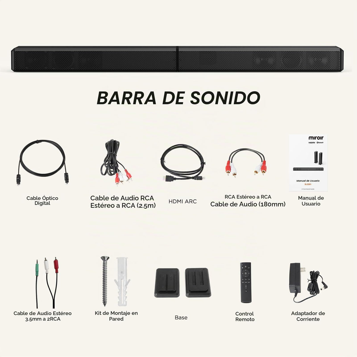 Barra de Sonido para Smart TV con Altavoz Bluetooth Desmontable y Graves Ajustables