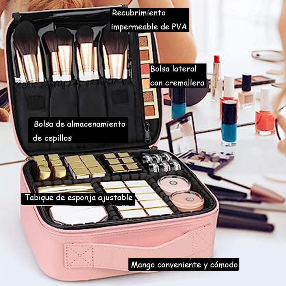 Estuche de Maquillaje de Viaje Portátil Profesional, 2 Layer, 25x23x10cm Bolsa de Cosméticos Impermeable con Divisor Ajustable Adecuada para Cosméticos, Cepillo de Maquillaje
