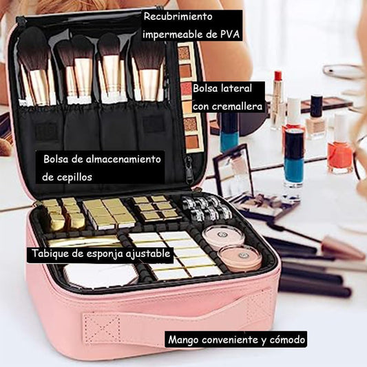 Estuche de Maquillaje de Viaje Portátil Profesional, 2 Layer, 25x23x10cm Bolsa de Cosméticos Impermeable con Divisor Ajustable Adecuada para Cosméticos, Cepillo de Maquillaje