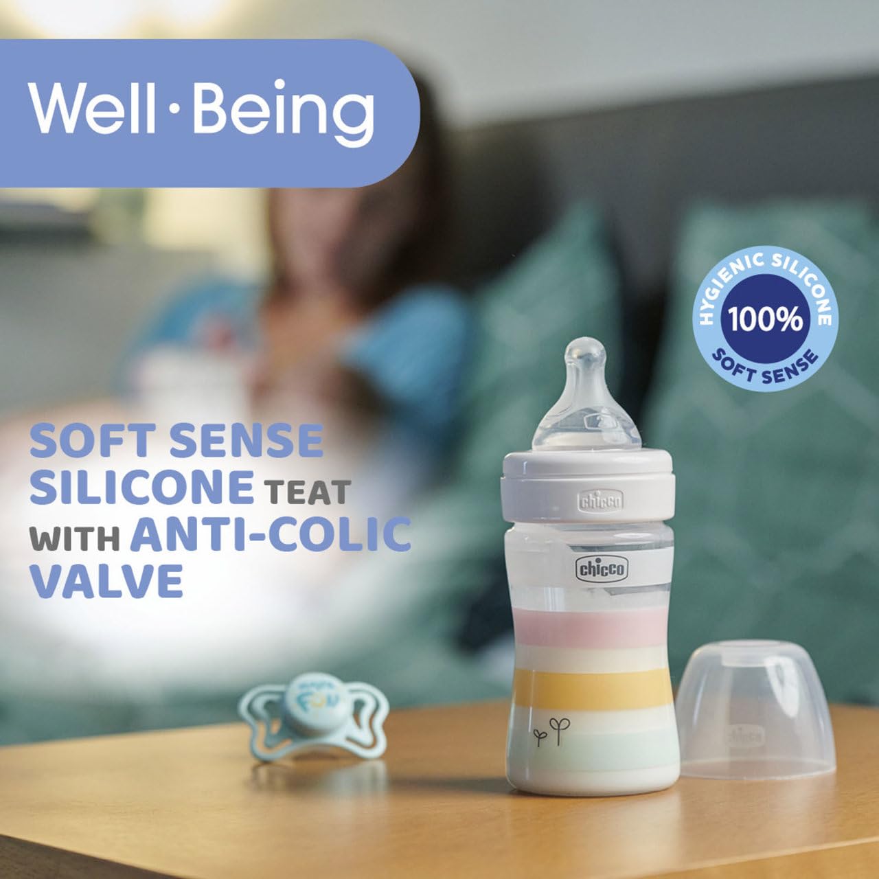 Chicco WELL-BEING Biberón Anticólicos de Flujo Lento, Biberón para Recién Nacidos de 0+ Meses con Tetina Physio de Silicona Suave y Acabado Soft Sense, Biberón de Plástico de 150 ml, Blanco