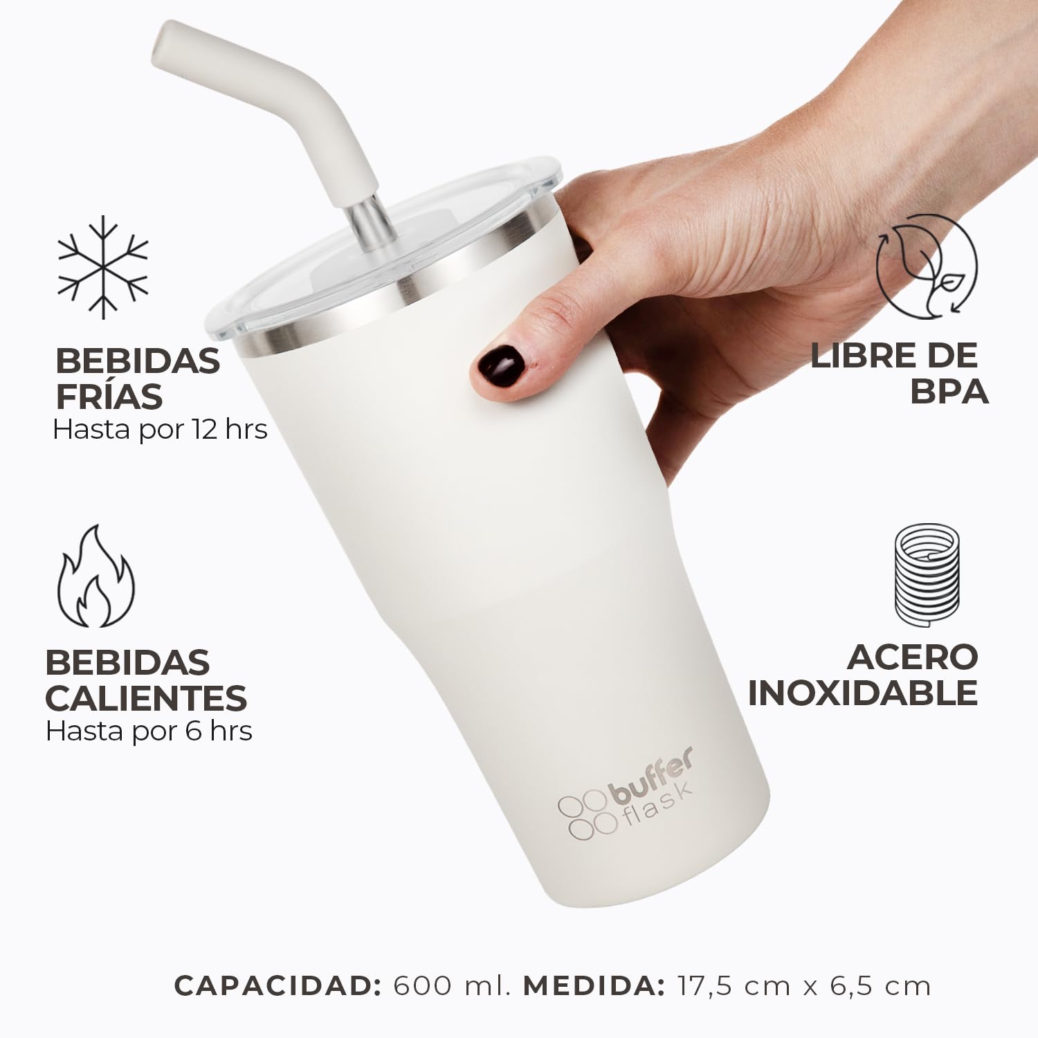 Buffer Flask - Vaso Térmico 600 ml - Termo para Café y Agua de Acero Inoxidable - Tapa Anti Derrame y Fugas - Taza Tumbler Mug para Bebidas Frías y Calientes - Incluye Popote - Color Ivory