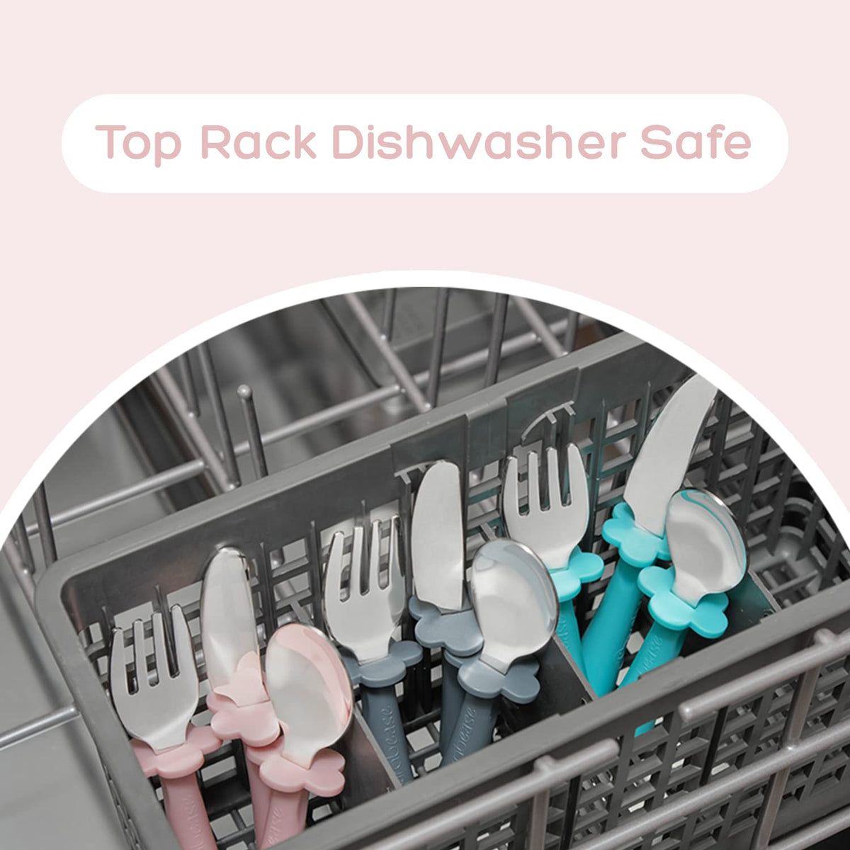 Grabease Juego de utensilios de acero inoxidable de 3 piezas para alimentación independiente: tenedor, cuchara y cuchillo de seguridad para 18 meses en adelante; BPA, PVC, sin plomo ni ftalatos y apto para lavavajillas (rosa rubor)
