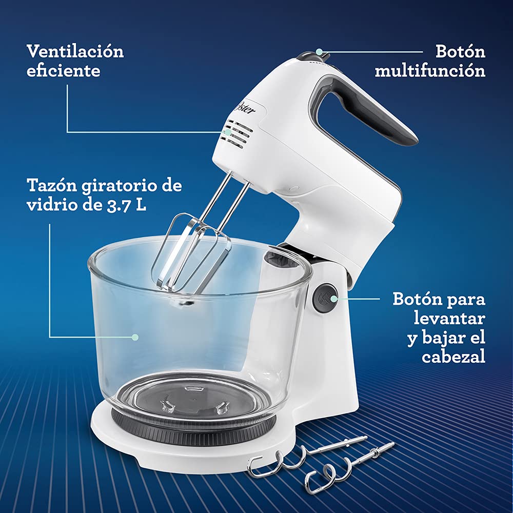 Batidora Mano Pedestal Oster blanca con Tazón de Vidrio