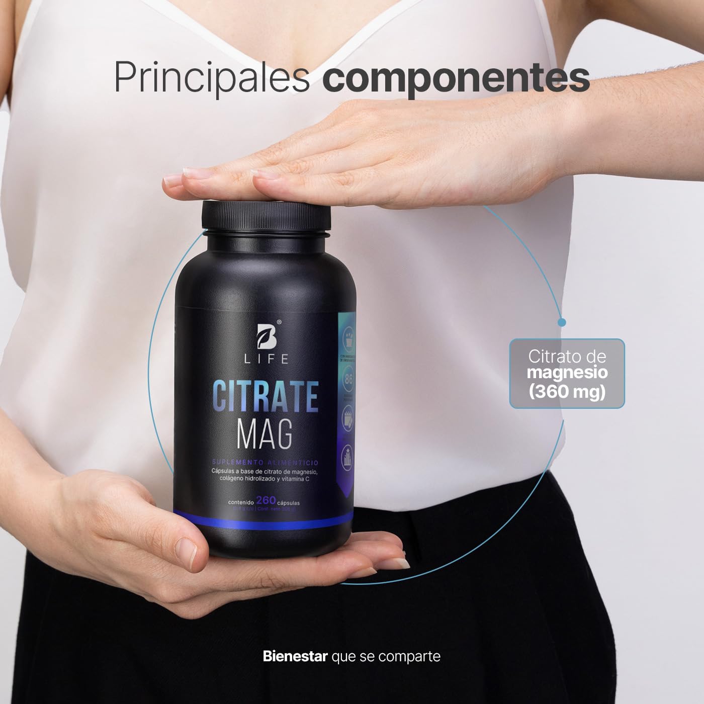 B Life | Citrato de Magnesio Puro | 260 cápsulas | 2400 mg por porción | Alta absorción | Adicionado con Vitamina C y Colágeno | Citrate Mag.