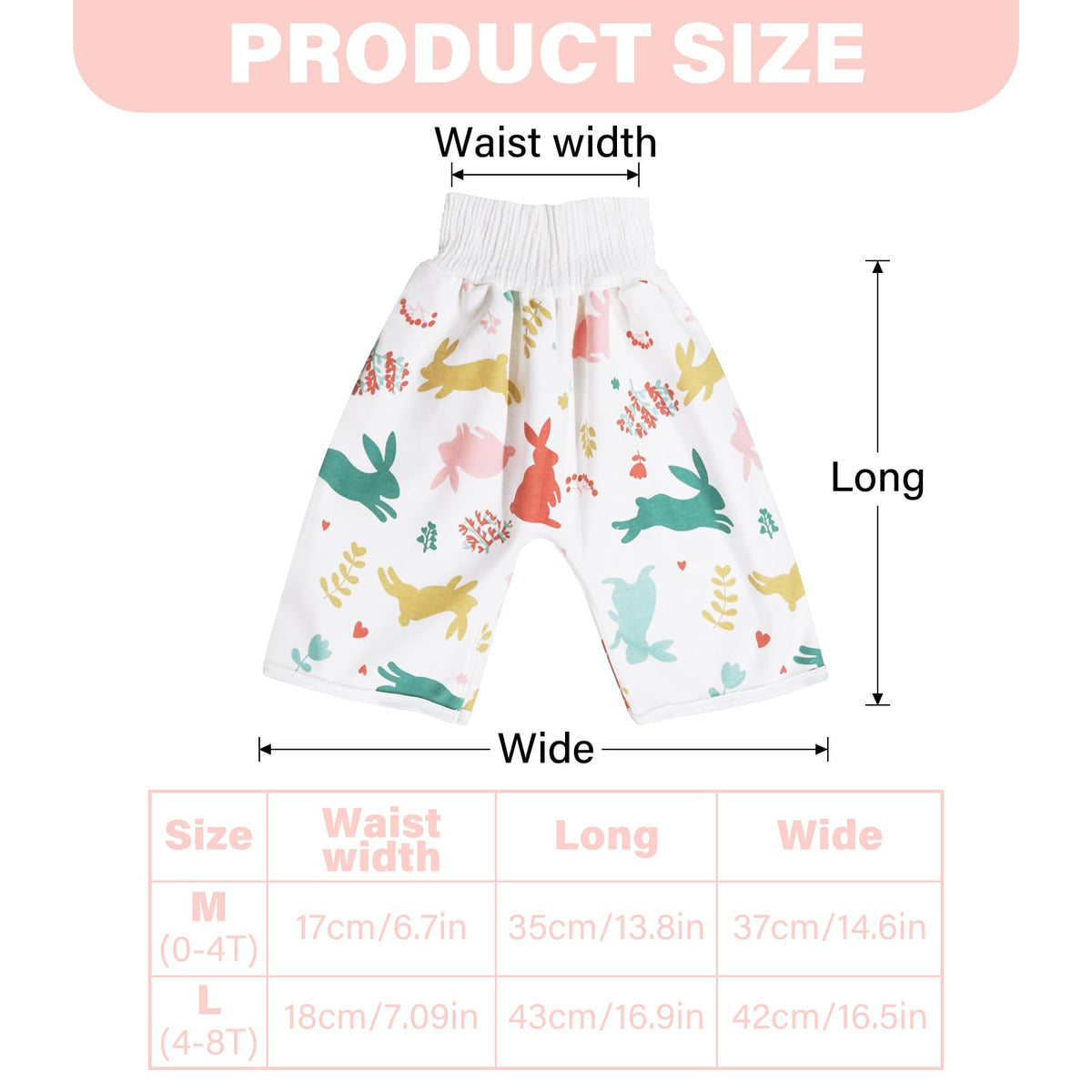 Pantalones de pañales impermeables para bebés y niños, paquete de 2 pantalones absorbentes para entrenamiento para niños y niñas, uso de día y noche (conejo L)