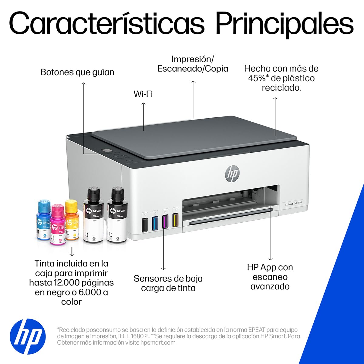 HP Impresora Multifuncional Smart Tank 580, Tinta Continua, Color, Wi-Fi, Dúplex (Doble Cara) Manual, Impresión Desde Smart App, 2 años de Garantía (1F3Y2A)